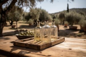 bottles extra virgin olive oil wooden table olive grove 545448 22661